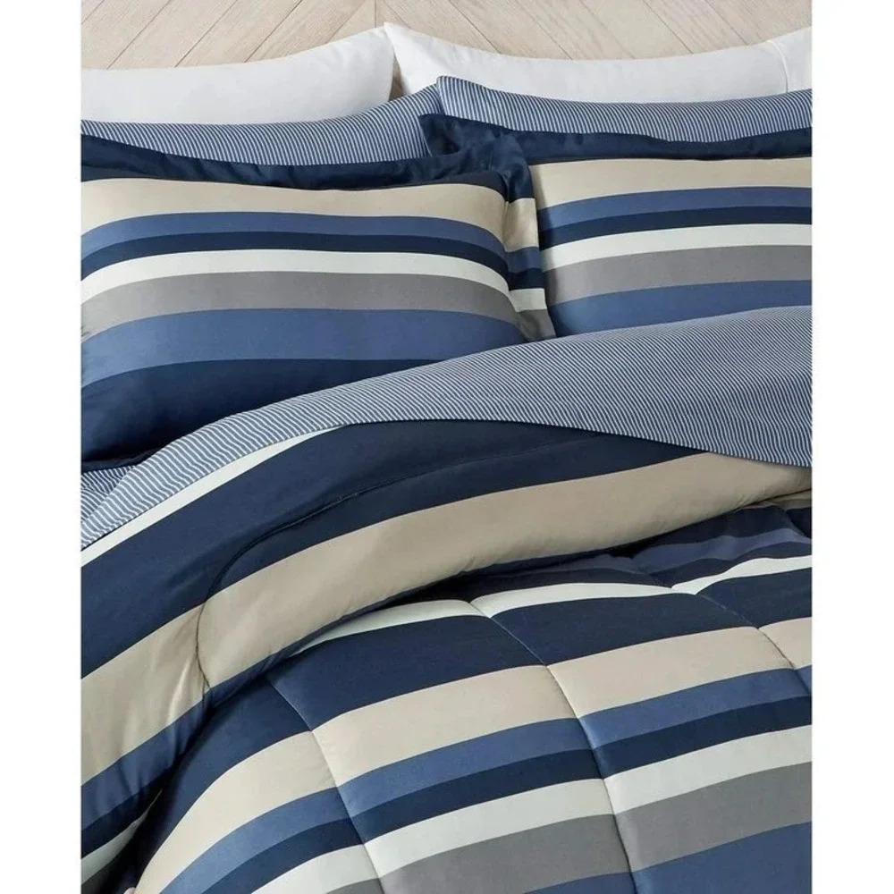 Fairfield Square King 8 Piece Reversible Bed Ensemble Blue Stripe Comforter Set